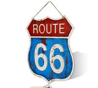 Vintage Route 66 Wall Sign, Decorative Metal Shield Design, Rustic Home Decor with Rope Hanger (Blue)