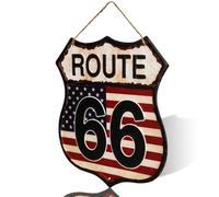 Vintage Route 66 Wall Sign, Decorative Metal Shield Design, Rustic Home Decor with Rope Hanger (Dark Red)