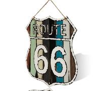 Vintage Route 66 Wall Sign, Decorative Metal Shield Design, Rustic Home Decor with Rope Hanger (Green)