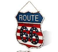 Vintage Route 66 Wall Sign, Decorative Metal Shield Design, Rustic Home Decor with Rope Hanger (Red)