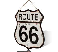 Vintage Route 66 Wall Sign, Decorative Metal Shield Design, Rustic Home Decor with Rope Hanger (White)