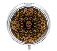 Vintage Russian National Flower Ornament Skull Iron Pill Box Case Organizer with Internal Separate Plastic Dividers, Travel Small Medicine Bag Holder Carrier Round Container