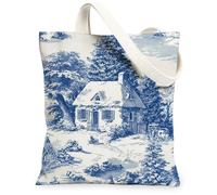 Vintage Rustic Canvas Tote Bags, Blue House Landscape Design Reusable Grocery Bags, Lightweight Washable Shoulder Strap Can, Blue, 13x15 Inch