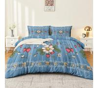 Vintage Rustic Duvet Cover, Soft Cosy Blue Microfibre Bedding Set, Stripe Bow Floral Daisy, Entretien Facile King 230 x 220 cm for Adults, Teens, and Children
