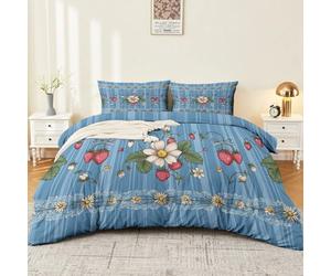 Vintage Rustic Duvet Cover, Soft Cosy Blue Microfibre Bedding Set, Stripe Bow Floral Daisy, Entretien Facile Double 200 x 200 cm for Adults, Teens, and Children