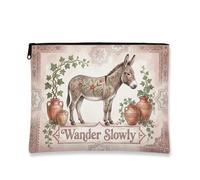 Vintage Rustic Makeup Bag, Floral Donkey Design Cosmetic Travel Pouch for Women, Portable Canvas Zipper Case, Spring Skincare Toiletry Organizer, Peach, 7x9 Inch, Floral
