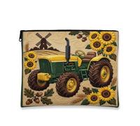 Vintage Rustic Makeup Bag, Sunflower Tractor Cosmetic Pouch for Women, Portable Canvas Zipper Toiletry Organizer, Spring Farmhouse Travel Bag, Yellow, 7x9 Inch, Tractor