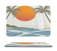 Vintage Rustic Palm Tree Stitched Edge Mouse Pad,Abstract Mid Century Beach Palm Tree Ocean Red Sun Soft Mousepad with Non-Slip for Office,Home 11.8"x9.8"
