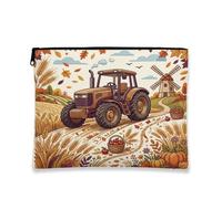 Vintage Rustic Tractor Makeup Bag, Autumn Farmhouse Cosmetic Pouch for Women, Portable Canvas Zipper Organizer, Fall Harvest Toiletry Bag, Brown, 7x9 Inch, Tractor