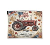 Vintage Rustic Tractor Makeup Bag, Red Farm Equipment Cosmetic Pouch for Travel, Patriotic Canvas Zipper Organizer for Fall Celebrations, Red, 7x9 Inch, Tractor