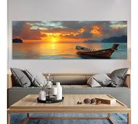 Vintage Rustic Wall Art Canvas with Sunset Boat on Ocean and Islands, 12 x 36 inches, Unframed Poster, Gift Idea for Home and Office, Living Room, Bedroom Decoration
