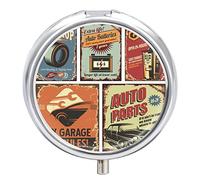 Vintage Rusty Car Service Tin Signs Posters Iron Pill Box Case Organizer with Internal Separate Plastic Dividers, Travel Small Medicine Bag Holder Carrier Round Container