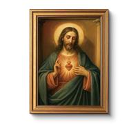 Vintage Sacred Heart of Jesus Christ Canvas Gold Framed Wall Art, 12x16 Inch Religious Oil Painting Artwork, Christian Art Print for Home Living Room Spiritual Spaces Decor