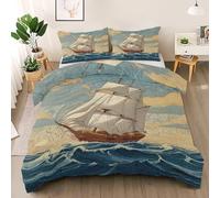 Vintage Sailboat Duvet Cover Set Cot Bed for Kids Boys Girls, Nautical Adventure Bedding Set Junior 120x150 cm, Breathable Hypoallergenic Soft Reversible Toddler Duvet with 1 Pillowcase