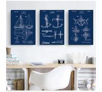 Vintage Sailboat Patent Print Poster Sailor, Yacht Anchor Ship Wheel Sailing Blueprint Nautical Wall Art Canvas Painting 50X70Cmx3Pcs Unframed
