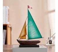 Vintage Sailboat Statue Decor for Living Room, Metal Boat Sculptures Decorations for Dining Room Office, Nautical Home Décor Accents for Shelf Bookshelf Coffee Table TV Stand (Yellow and Blue)