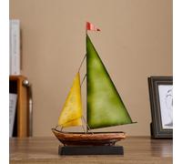 Vintage Sailboat Statue Decor for Living Room, Metal Boat Sculptures Decorations for Dining Room Office, Nautical Home Décor Accents for Shelf Bookshelf Coffee Table TV Stand (Yellow and Green)