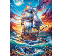 Vintage Sailing Ship on The Ocean 1000 Pc DIY Jigsaw Puzzle Science Fiction Magical Dream Puzzles for Adults Teens Hard Challenging Team Building Stress Reducing Autumn Sturdy Wooden Cardboard 1000 P
