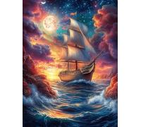 Vintage Sailing Ship Under The Moon 300-piece Jigsaw Puzzle Set Scenery Science Fiction Family Puzzle Lovers Brain Training Indoor Game Family Game Night Summer Gift Durable Board 300 P