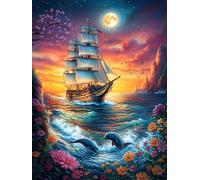 Vintage Sailing Ship Under The Moon 300 Pieces Set Classic Jigsaw Puzzle Scenery Science Fiction Teen Fans 14-18 Yrs Logic Skill Leisure Adventure Valentines Gift Eco-friendly Recycled Cardboard 300