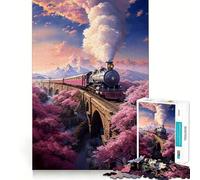 Vintage Sakura Steam Train Jigsaw 1000 Pieces for Teenagers Memory Train Fun Clean Seamless Connection Relaxing Indoor Group Activity (38x26cm)