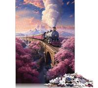 Vintage Sakura Steam Train Jigsaw Puzzles 500 Piece for Teenagers Wooden Creative Puzzle Toy Family Game Difficulty Challenge Puzzles 500pcs (52x38cm)