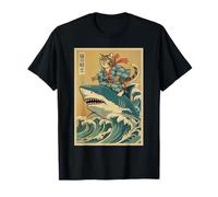 Vintage Samurai Cat Riding Shark Funny Japanese T-Shirt