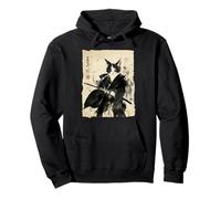 Vintage Samurai Cat Sumi-e Ink Wash Japanese Martial Arts Pullover Hoodie