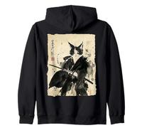 Vintage Samurai Cat Sumi-e Ink Wash Japanese Martial Arts Zip Hoodie