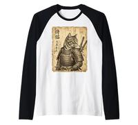 Vintage Samurai Cat Warrior Japanese Woodblock Japan Raglan Baseball Tee