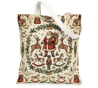 Vintage Santa Christmas Pattern Claus Canvas Tote Bag 13x15 Inch | Vintage Holiday Print, Reindeer And Nutcracker Motifs, Festive Seasonal Atmosphere, Natural Linen-like Texture