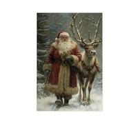 Vintage Santa Claus And Reindeer Canvas Poster, Classic Christmas Wall Art with Snowy Forest Scene, Cozy Decor for Winter Homes 12x18inch(30x45cm) Unframe