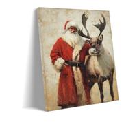Vintage Santa Claus and Reindeer Canvas Wall Art - Rustic Christmas Holiday Painting Print | Artwork for Living Room, Fireplace & Entryway | Festive Home Decor (art-1,40 x 60 cm unframed)