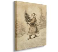 Vintage Santa Claus Christmas Canvas Wall Art Neutral Holiday Print Rustic Winter Decor for Living Room or Hallway 16x20in Wood Frame