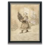 Vintage Santa Claus Christmas Canvas Wall Art Neutral Holiday Print Rustic Winter Decor for Living Room or Hallway 12x16in Black Frame