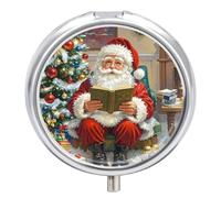 Vintage Santa Claus Pill Box 3 Compartment Small Pill Case with Mirror for Purse & Pocket Travel Medicine Organizer Daily Medication Container Portable Pillbox Metal Medicine Box Round Meds Case