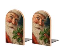 Vintage Santa Claus Wearing Glasses Wooden Bookends Shelves 2 PCS Sturdy Book Holders Desktop Organizer for Home Office Libraries