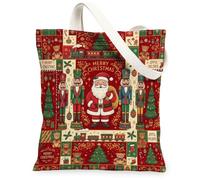 Vintage Santa Nutcracker Christmas Quote Claus Canvas Tote Bag 13x15 Inch | Nutcracker Figures, Winter Train Illustration, Pine Tree Pattern, Nostalgic Holiday Spirit, Seasonal Grocery Tote