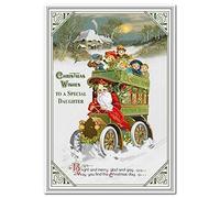 Vintage Santa Old Bus Christmas Card for Special Daughter - Traditional Old Fashioned 1900s - Victorian Edwardian Era Style - Best Merry Xmas Wishes Greeting - Blank Inside to Write own Message