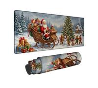 Vintage Santa Sleigh Christmas Scene Claus Large Mouse Pad 16x36 Inch | Winter Landscape, Desk Mat, Teddy Bears, Pine Trees, Seasonal Desk Decor, Sleigh Scene