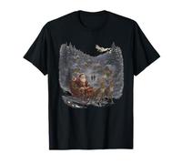 Vintage Santa Sleighing Reindeer Winter Village Cabins Scene T-Shirt