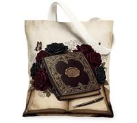 Vintage Scholarly Gothic Book And Rose Canvas Tote Bag 13x15 Inch | Scholarly Gothic Aesthetic, Ornate Gold Embossing, Romantic Rose Floral Arrangement, Vintage Writing Instrument