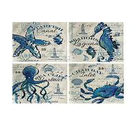 Vintage Sea Theme Placemats Set of 4 Coastal Beach Ocean Theme Table Mats Waterproof Heat Resistant Washable Non-Slip Place Mats for Dinner Room Kitchen Decor Table 12”×16” White/Blue
