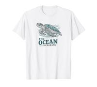 Vintage Sea Turtle Ocean is Calling Women Men Retro Beach Value Graphic T-Shirt, Men, White, L