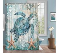 Vintage Sea Turtle Shower Curtain with 12 Hooks Nautical Turquoise Ocean Starfish Waterproof Fabric Shower Curtains Sets for Bathroom Bath Decorations, Machine Washable, 48"x72"