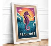 Vintage Seahorse Voyage Art Deco Framed Wall Art Print A4 (29.7×21cm) White, Wall Decor for Living Room, Bedroom, Office & Home, Ready to Hang, Art Gift