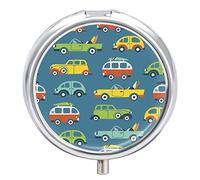 Vintage Seamless Surf Buses with Surfboards Retro Cars on Blue Iron Pill Box Case Organizer with Internal Separate Plastic Dividers, Travel Small Medicine Bag Holder Carrier Round Container