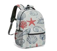 Vintage Seashell & Red Starfish Rucksack 40cm Nautical Coral Ocean Print School Bag Retro Illustration Daypack for Teens (01)