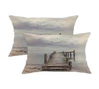 Vintage Seaside Throw Pillow Covers Set of 2, Soft Grey Coastal Dock Illustrations, Decorative Rustic Cushion Covers for Home Couch Sofa Bed, Ideal for Beach House Decor 20x12 Inch