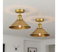 Vintage Semi Flush Mount Ceiling Light E27 Base 22Cm Conical Shade Yellow Brass 2 Pack (With Bulb)